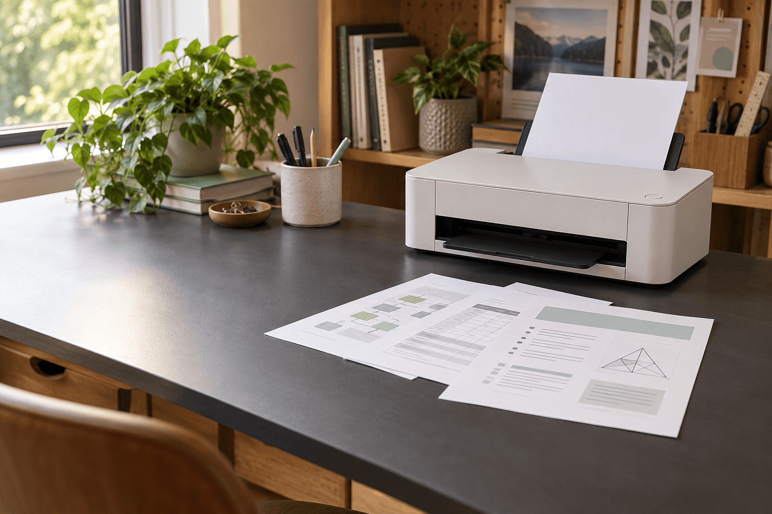 Illustrative home office with a compact printer and a three-page document laid out on a desk