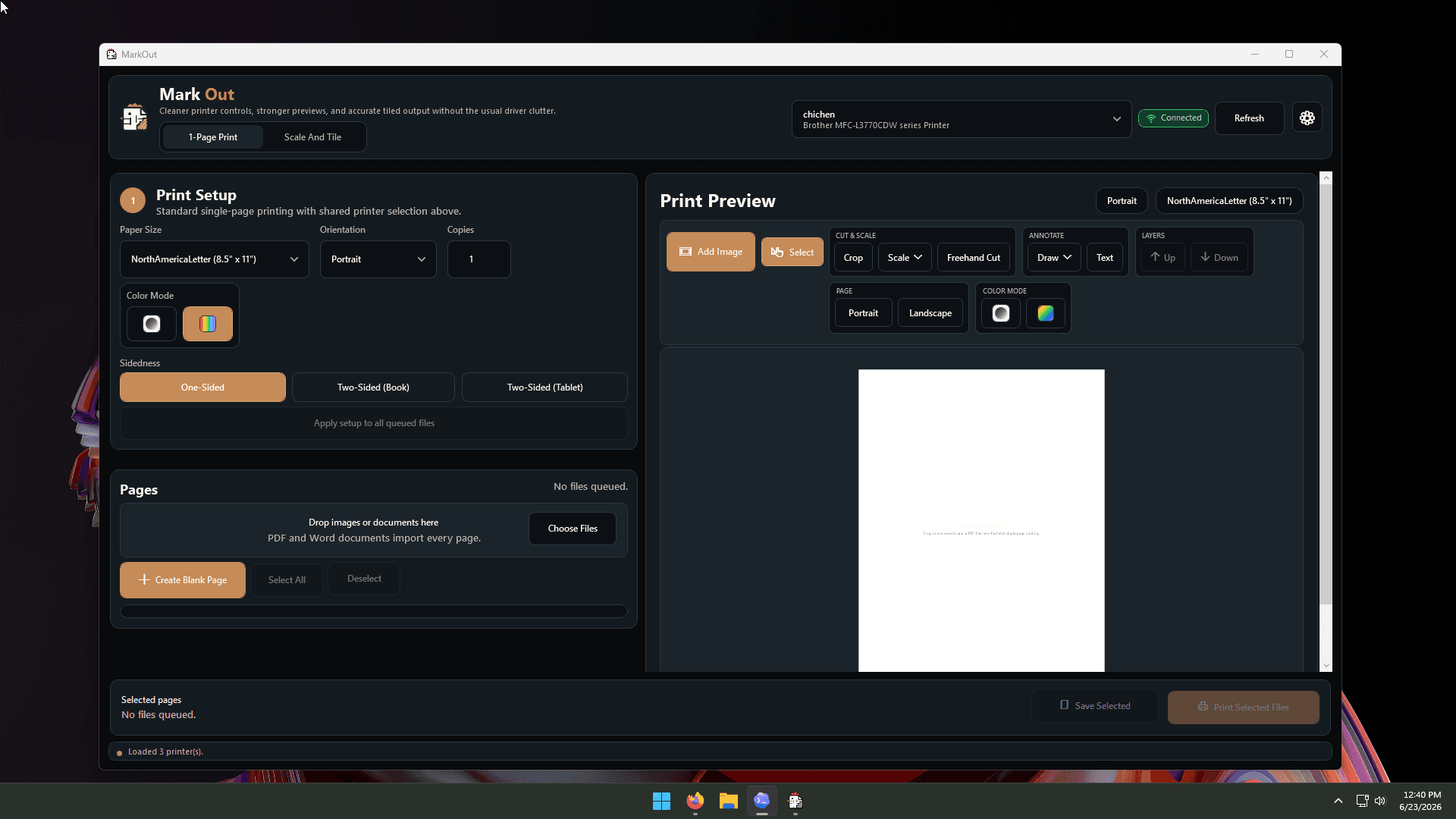 MarkOut One-Page Print workspace with printer setup, page queue, editing tools, and print preview